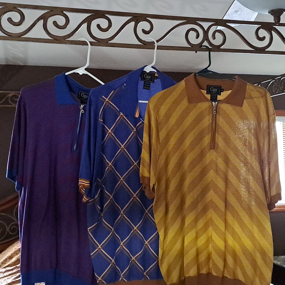 Three shirts 15.00 a shirt or all three for 30.00 Brand Cigar gold blue